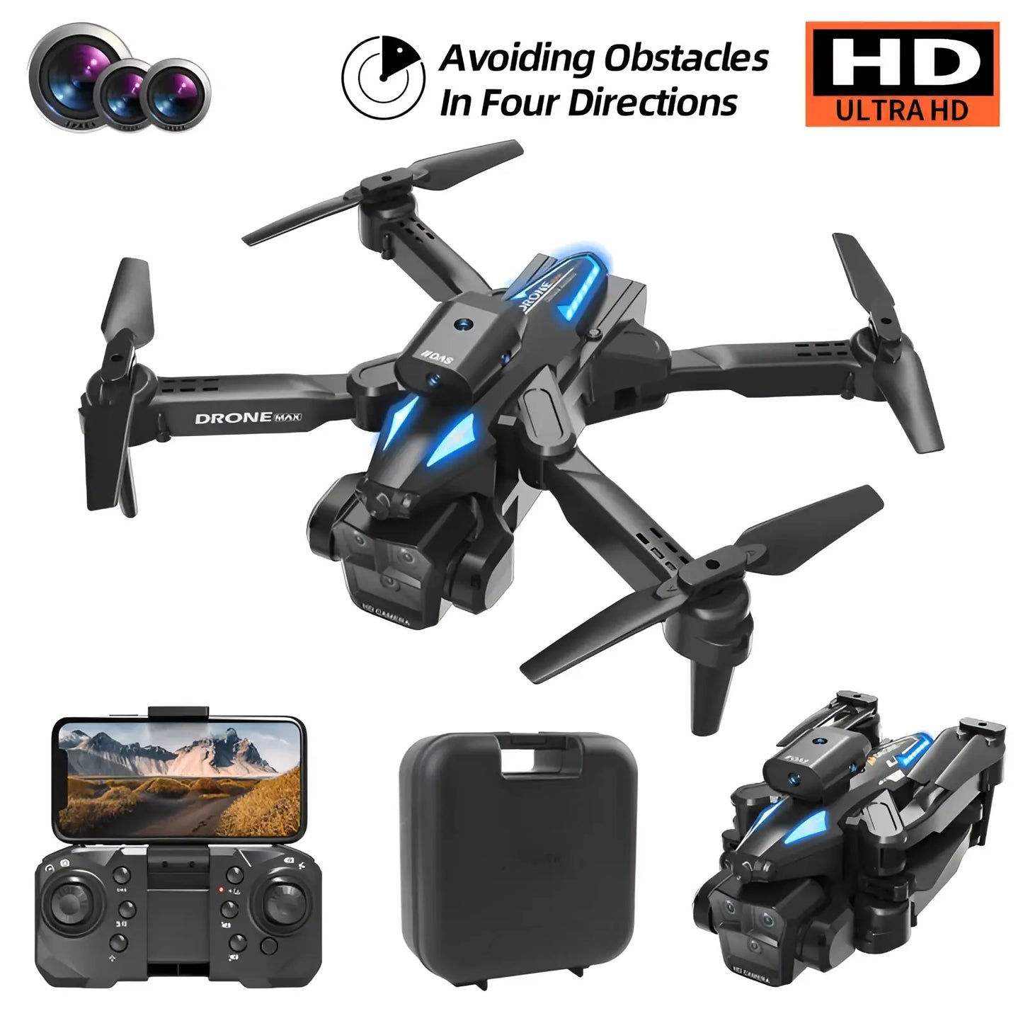 Drone Max Triple Camera Foldable Quadcopter with Led