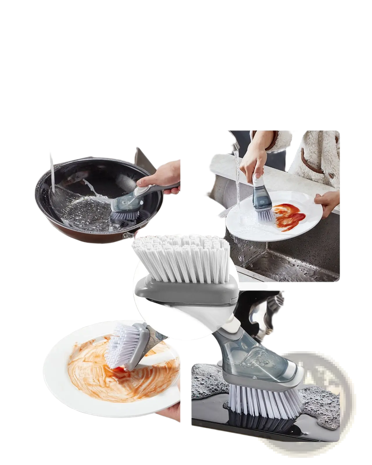 Soap Dispensing Dish Brush with 3 Scrubber Heads